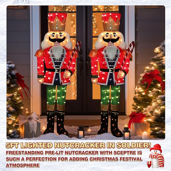 5FT Lighted Nutcracker with Candy Cane for Christmas Decoration, 3D Pre-Lit Iridescent Soldier Xmas Decor with 100 Warm White Lights, Glittered Standing Holiday Display for Outdoor, Indoor