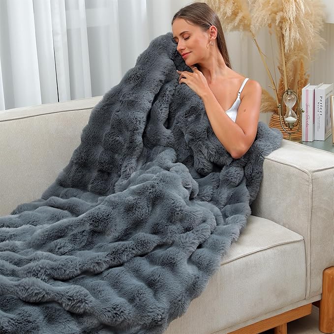 RYNGHIPY Faux Fur Blanket Double-Sided Thick Warm Blanket for Couch Soft Fluffy Furry Blankets for Sofa Chair (Dark Grey, 51''x63'')