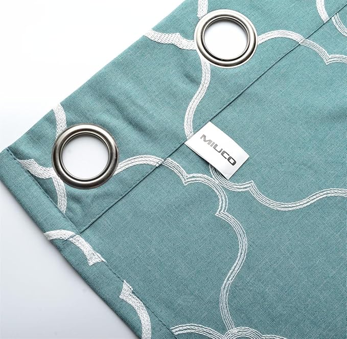 MIUCO Moroccan Embroidered Semi-Sheer Curtains Faux Linen Grommet Curtains for Living Room 52 x 84 Inch 2 Panels Set, Teal