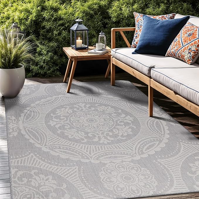 Medallion Outdoor Rug 6x9 Washable Outside Carpet for Indoor Patio Porch Waterproof Easy Cleaning Non Shedding Area Rugs Gray 6 x 9