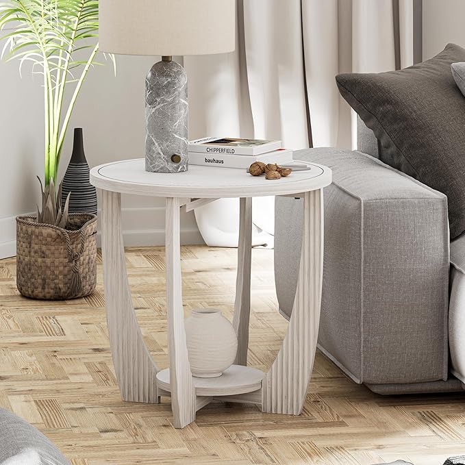 Rustic Farmhouse End Table Set of 2 with Storage Shelf - White Distressed
