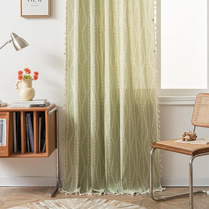 Sutuo Home Green Boho Curtains 84 Inches Long for Bedroom Living Room Dining Room, Bohemian Stripe Floral Vintage Tassels Window Treatment Drape for Easter Decor Rod Pocket, 1 Panel 59" W x 84" L