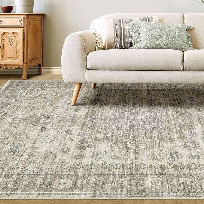 Washable Area Rugs for Living Room -8x10 Neutral Vintage Distressed Floral Farmhouse Boho Large Soft Floor Rug Indoor Non Slip Carpet for Living Room Bedroom Dining Room Office - Brown/Tan