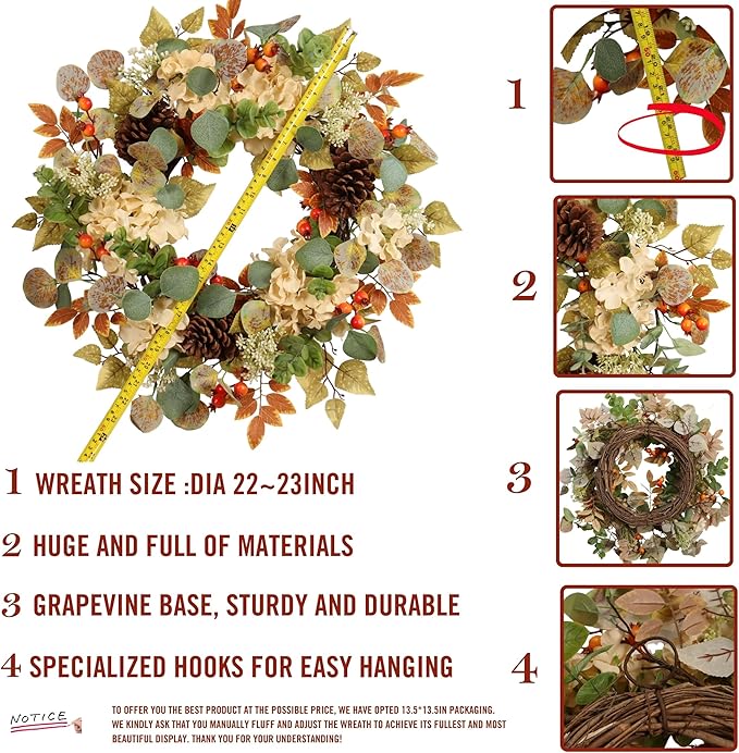 22 in Fall Hydrangea Wreath with Eucalyptus, Pinecones Orange Berries Perfect Autumn Door Wreath for Thanksgiving Harvest Decor - Rustic, Lifelike Durable for Indoor Outdoor Use
