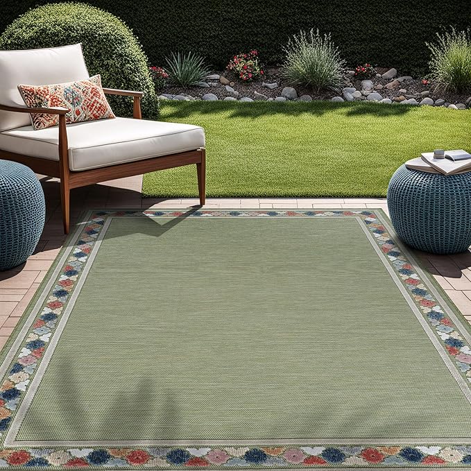 Beverly Rug Outdoor Rug 9x12 Modern Bordered Large Area Rugs for Indoor and Outdoor Patio Easy to Clean Non Shedding Living Room Porch Garden Washable Outside Carpet (9 x 12 Green)