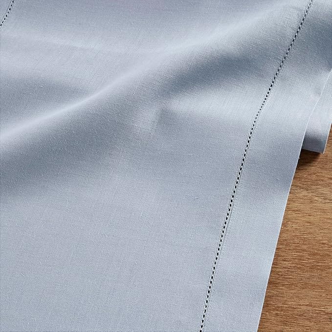 Solino Home Linen Table Runner 120 Inches Long - 100% Pure Linen Dusty Blue Table Runner 14 x 120 Inch for Fall, Autumn, Thanksgiving - Classic Hemstitch