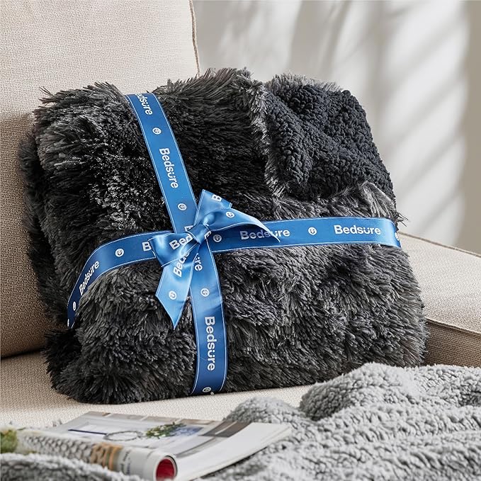 Bedsure GentleSoft Fluffy Black Blanket Cozy Gifts for Men, Black Home Decor Soft Fuzzy Plush Thick Warm Sherpa Fleece Faux Fur Throw Blanket for Couch Bed, Living Room College Dorm Decor, 50x60