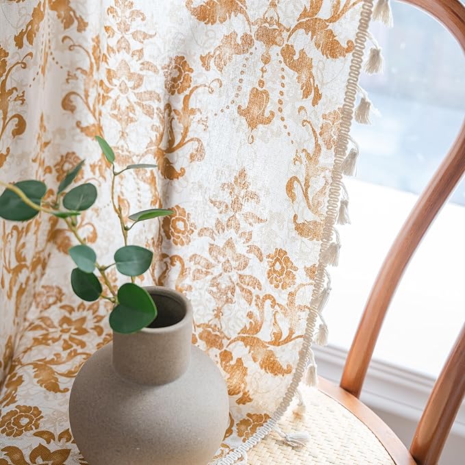 Sutuo Home Boho Curtains for Bedroom Living Room 96 Inches Length Long, Printing Moroccan Cotton Linen Rod Pocket Vibe Farmhouse Bohemian Tassels Window Treatment, 1 Panel 59" W x 96" L, Brown Damask