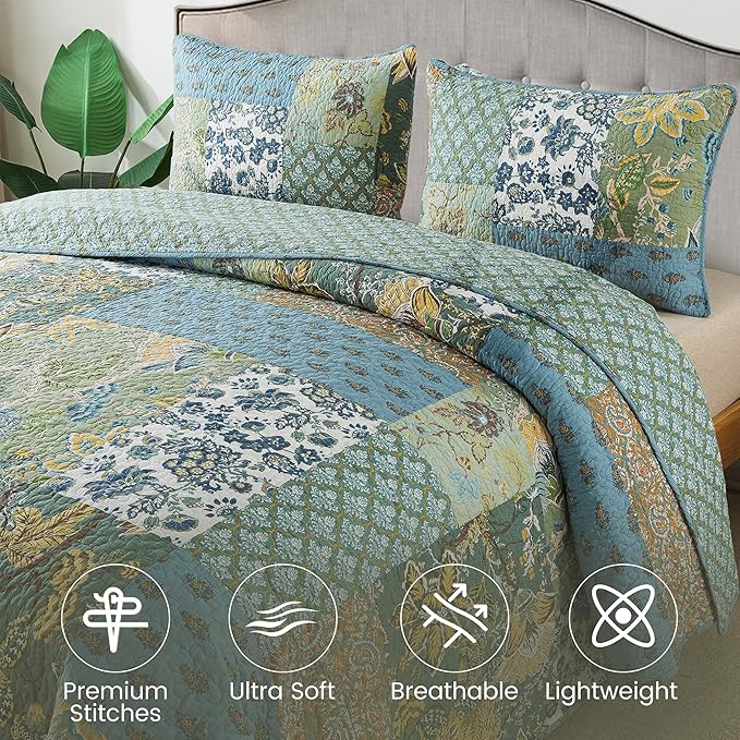 NEWLAKE Cotton Patchwork Bedspread, 3-Piece Bedding Quilt Set with Real Stitched Embroidery, Reversible Matelasse Bed Coverlet Set,Green Farmhouse Garden,King Size