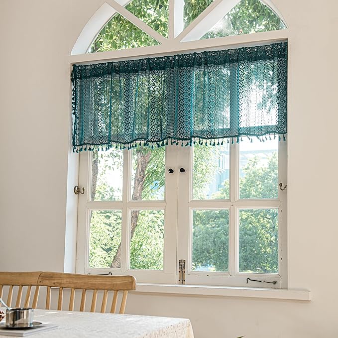 Sutuo Home Boho Valance Tier Curtains Crochet Lace Sheer Bohemian Hollow Knitted with Tassels, Privacy Vintage Rustic Farmhouse Drapes for Kitchen, Rod Pocket 1 Panel 59" W x 36" L, Turquoise