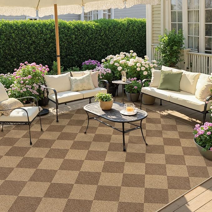 Lahome Checkered Easy Jute Rug, 9x12 Washable Dining Room Rug Indoor Outdoor Carpet, Farmhouse Neutral Non Slip Non Shedding Stain Resistance Floor Carpet for Patio Living Room Office