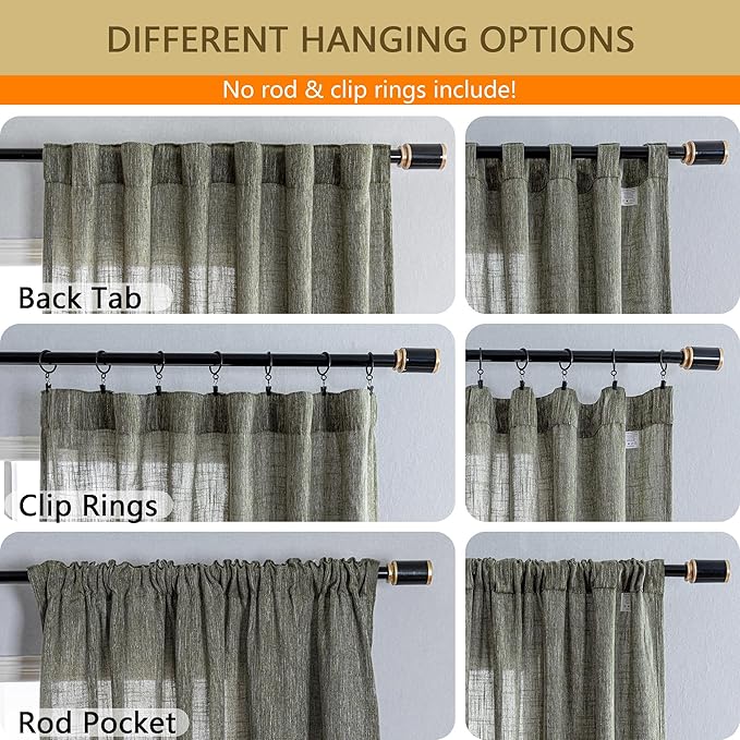 MYSKY HOME Living Room Curtains 84 Inches Long Semi Sheer Light Filtering Privacy Drapes Linen Look Textured Boho Home Decor, Backdrop Curtain for Parties, 100" x 84", Olive Green, 1 Panel