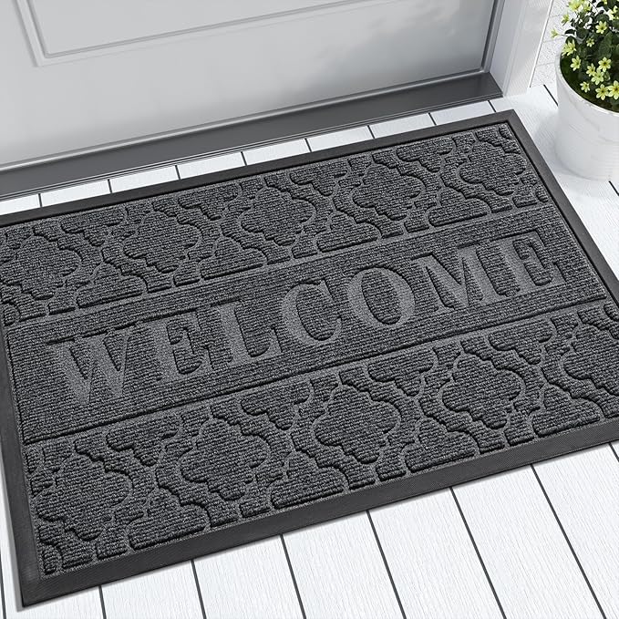 Yimobra Welcome Matt Outdoor Indoor 29.5x17, All-Weather Waterproof Front Door Mat Outside Entrance, Non-Slip Low Profile Porch Patio Doormat, Dark Grey