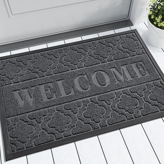Yimobra Welcome Matt Outdoor Indoor 29.5x17, All-Weather Waterproof Front Door Mat Outside Entrance, Non-Slip Low Profile Porch Patio Doormat, Dark Grey