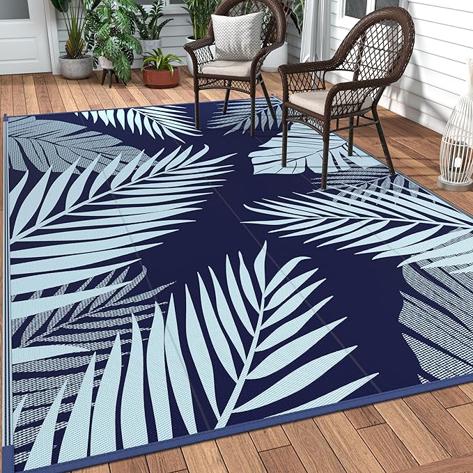 GENIMO Outdoor Rug 5' x 8' Waterproof for Patios Clearance, Reversible Outdoor Plastic Straw Camping Rug Carpet, Large Area Rugs Mats for RV, Camper, Deck, Balcony, Porch, Beach, Navy Blue&Baby Blue
