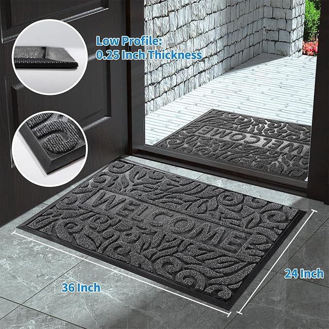 Yimobra Welcome Mat Outdoor, 36x24 Waterproof Door Mat Outside Entrance, All-Weather Non Slip Front Door Mat, Low-Profile Entryway Mat Indoor, Porch and Patio, Grey