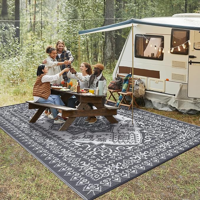 GAOMON Outdoor Patio Rug 9x12 Waterproof Reversible Plastic Straw Rug, Large UV-Resistant Portable RV Camping Mats, Indoor Outdoor Rugs for Outside Deck Porch Garden RV, Gray & White