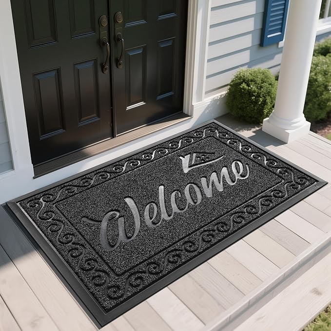 Yimobra Welcome Mat, Heavy Duty Sturdy Door Mats for Home Entrance Outdoor Indoor, Front Doormat for Outside Patio Floor Entry Porch Garage Office, Waterproof, Low Profile, 60 x 36, Black