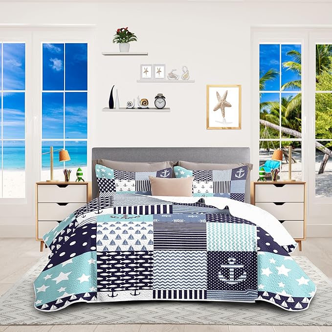 Nautical Bedding Queen Size Coastal Quilt with 2 Shams, Coastal Beach Comforter Sets Ocean Bedspreads Coverlet Summer Bedding, 90''x96''