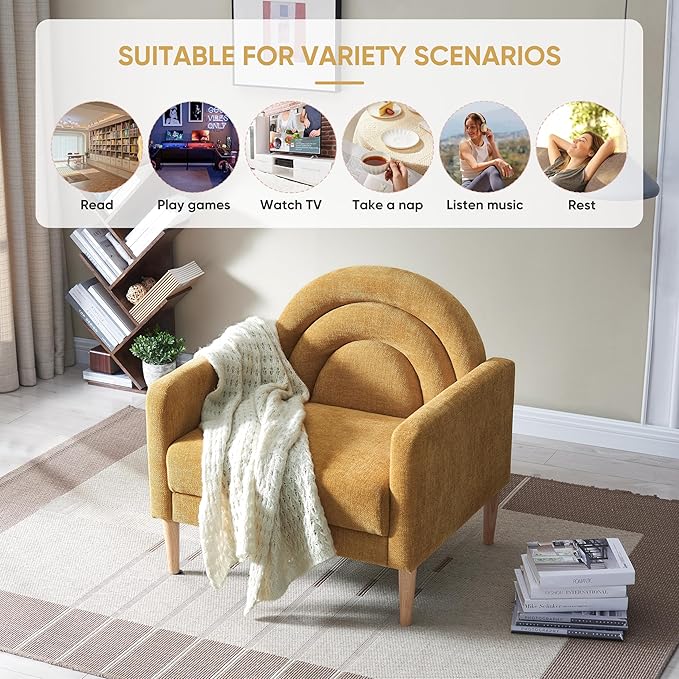 Accent Chair Reading Chair with Armrest, Small Comfy Chair for Small Spaces, Modern Linen Upholstered Armchair for Bedroom & Living Room, Single Sofa Chair with Wood Legs, Easy Assembly (Yellow)