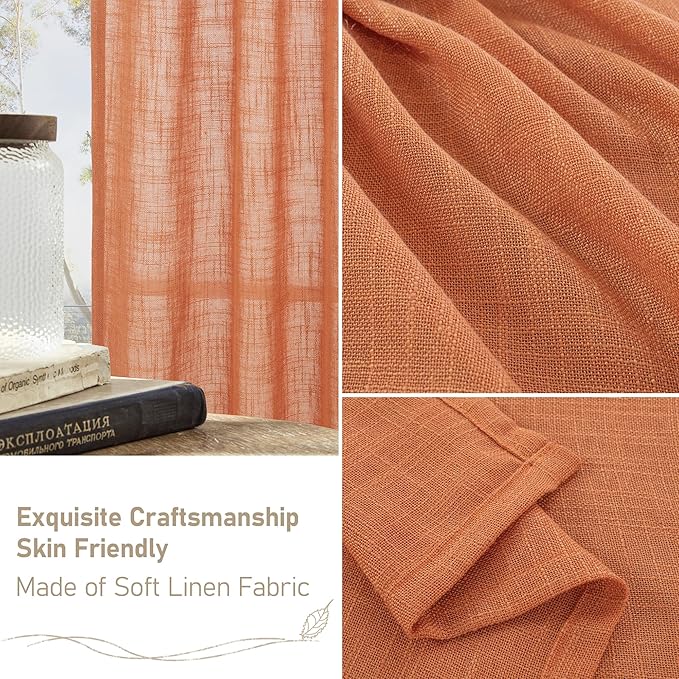 LAMIT Orange Linen Curtains 54 Inch Length, Semi Sheer Light Filtering Panels Bronze Grommet Rust Country Decor Drapes for Bedroom/Living Room, Burnt Orange, 2 Panels, 34 x 54 Inch