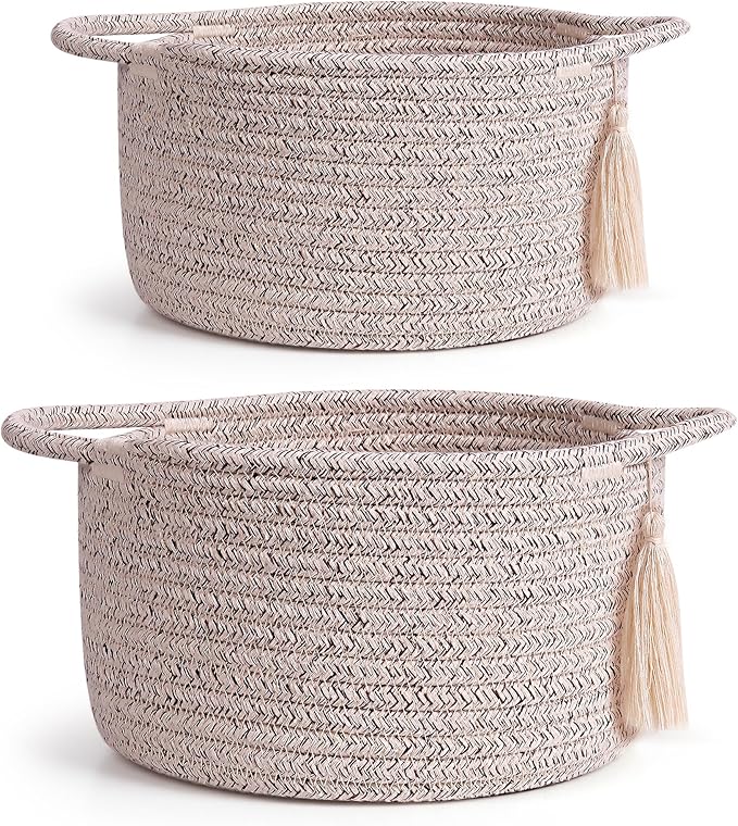 Small Soft Organizer Baskets，Decorative Mini Round Woven Rope Storage Bin Empty Gift Baskets for Man，Office, Desk Decor, Gifting, Kids, Toys, Pre Shaped, Brown, 2 Pack