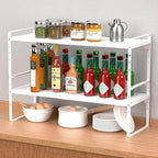 iPEGTOP Expandable Cabinet Storage Shelf Organizer Rack, Heavy Duty Cupboard Stand Spice Rack Adjustable Height Garage Pantry Shelf Space Riser for Counter Kitchen Organization, White, 1 Pack