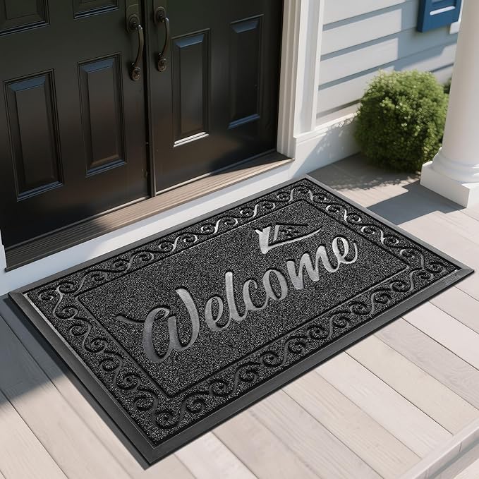 Yimobra Welcome Mat, Heavy Duty Sturdy Door Mats for Home Entrance Outdoor Indoor, Front Doormat for Outside Patio Floor Entry Porch Garage Office, Waterproof, Low Profile, 47X32 Inches, Black