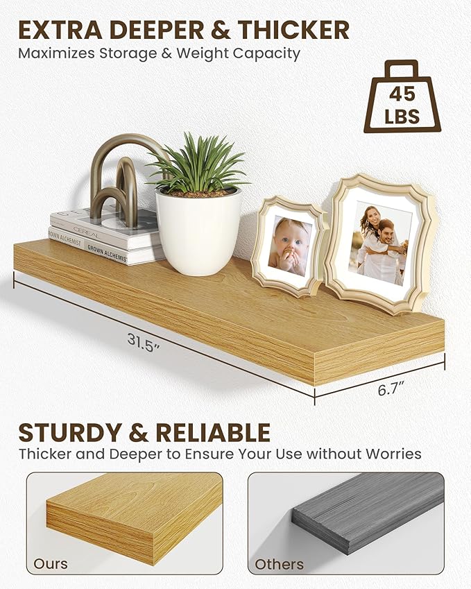 Marsmiles 31.5" Floating Shelves for Wall, Wooden Shelves with Invisible Brackets Set of 2, Rustic Farmhouse Wall Mounted Shelf for Kitchen Bathroom Living Room Study, Natural Oak