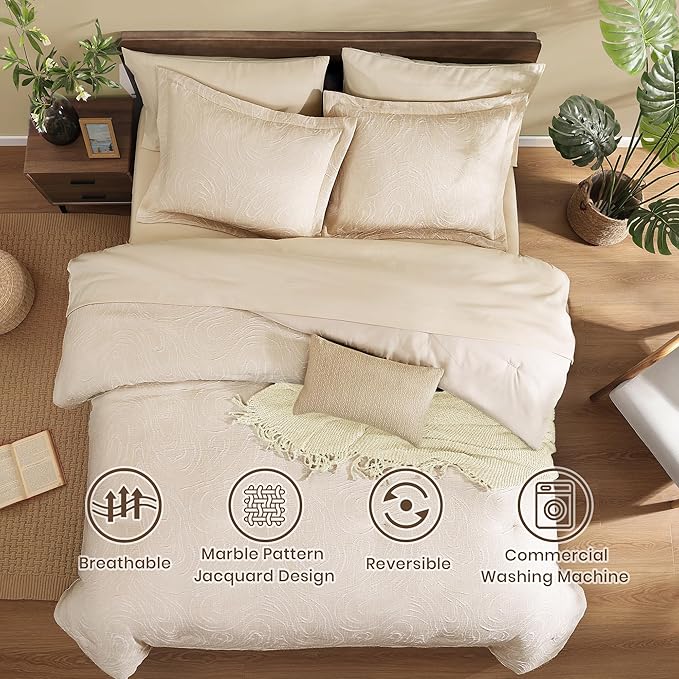 Monbix Full Size Comforter Set, Birch Marble Pattern Bedding Comforter for Full Size Bed Set, Reversible Bedding Sets 7 Pieces, Bed in a Bag with Comforter, Sheets, Pillowcases & Shams