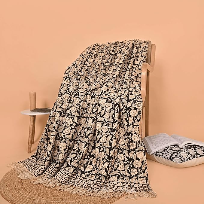 Handmade Cotton Throw Blanket 55x80 Inches | Black & Beige Floral Block Print Decorative Sofa Throw with Tassels | Large Lightweight Cotton Bedspread for Living Room, Couch, or Bedroom