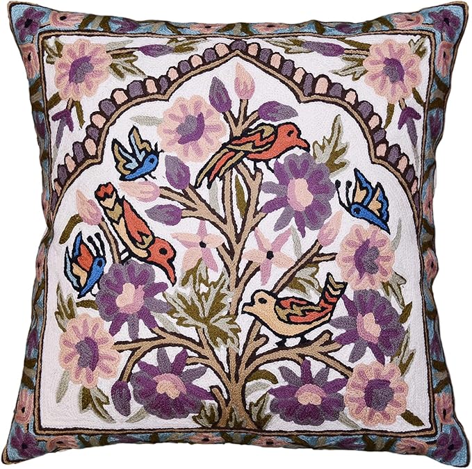 Tree of Life Pillow Cover Lavender Floral Pillowcase Botanical Flower Pillows Plants Farmhouse Traditional Chair Cushions Needlepoint Hand Embroidered Wool Size - 18x18