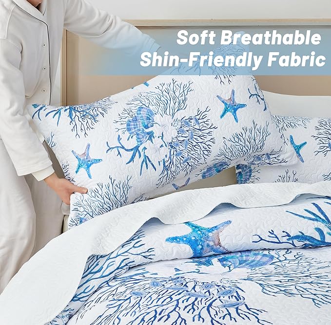 Coastal Bedding Queen Size Coastal Quilt with 2 Shams, Nautical Beach Comforter Sets Ocean Bedspreads Blue Starfish Coverlet Summer Bedding, 90''x96''