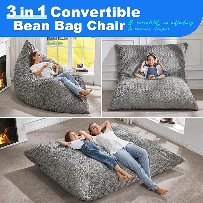 Hobestluk 3 in 1 Bean Bag Chair Giant Bean Bag Chairs for Adults with Chevron Plush Fur Cover Convertible Bean Bag Floor Cushion with Machine Washable Cover for Living Room (Chevron Plush Grey)
