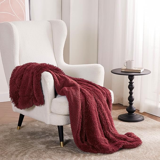 Bedsure GentleSoft Fuzzy Sherpa Faux Fur Twin Blanket Burgundy Red Cozy Gifts for Women Men, Soft Fleece Plush Warm Minky Thick Blanket Twin Size for Bed, Dorm Essentials Red Room Decor Gifts, 60x80