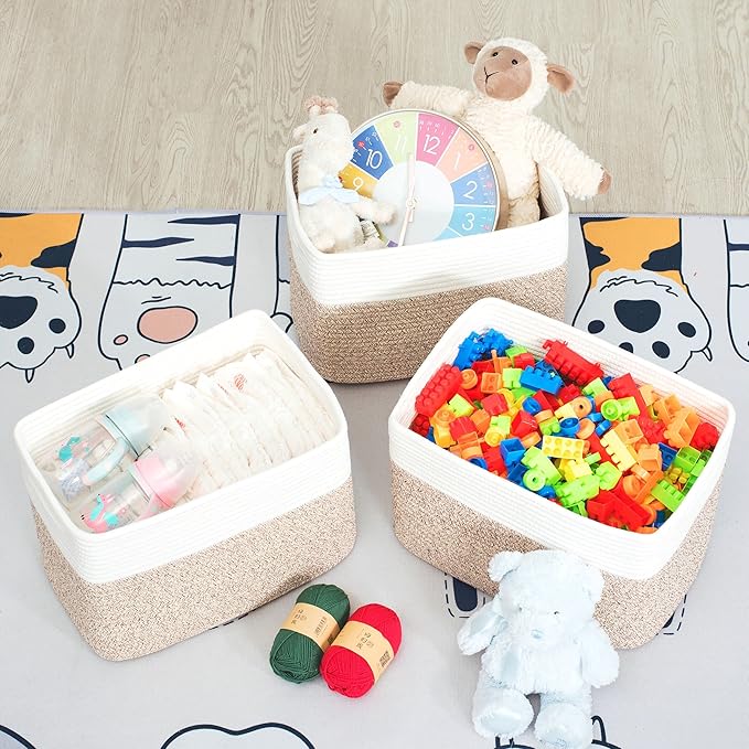 MINTWOOD Design 3-Pack Storage Baskets for Shelves, Playroom and Classroom Basket, Book Decorative Cube Bins, Woven Closet Organizers, Baby Nursery Baskets, Light Brown