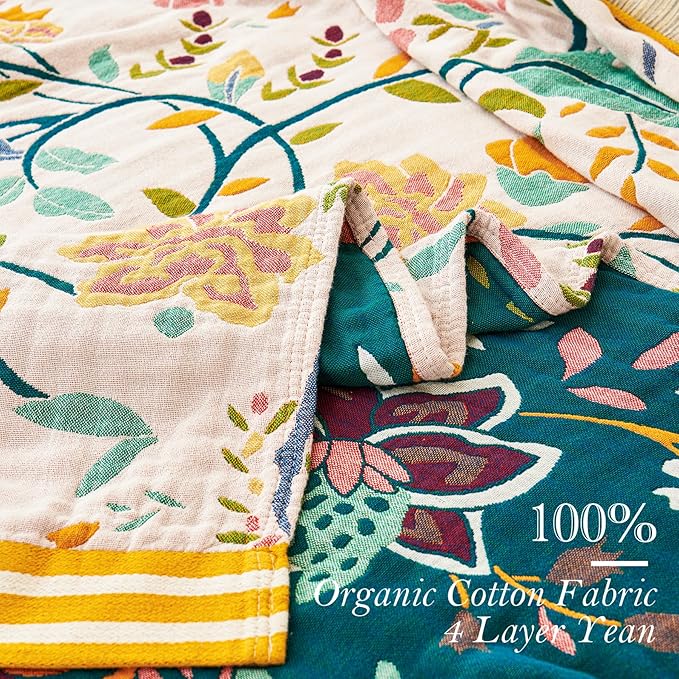 Boho Throw Blanket, 100% Organic Cotton Breathable Ultra Soft 80" x 90" Bed Quilt Throw - All Season Floral Rustic Farmhouse Decor Luxury Reversible Blanket for Sofa Couch Chair and Gift