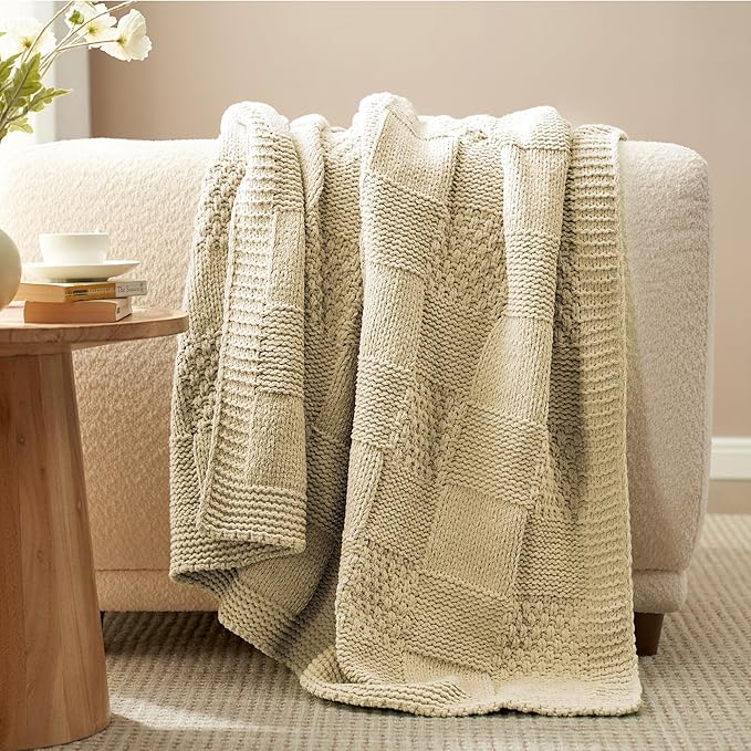 Amélie Home Chenille Knit Throw Blanket for Couch, Checkered Texture Decorative Soft Blanket for Sofa, Bed & Living Room, 50"x60", Beige