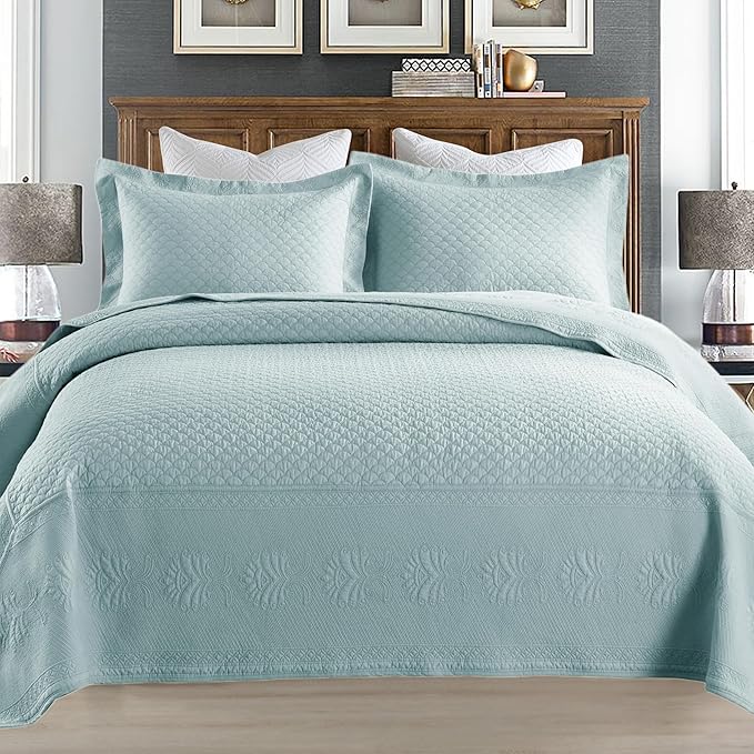 MarCielo 3-Piece 100% Cotton Oversized Bedspread Lightweight Quilt Coverlet Embroidery Farmhouse Bedding Set (TM Mint Green, Oversized Queen (100"x106"))