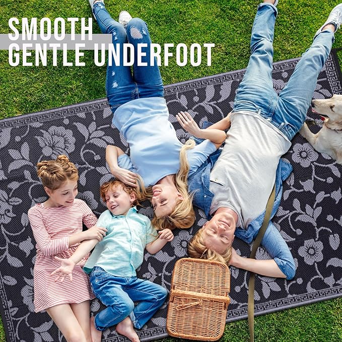 OLANLY Waterproof Outdoor Rug 9x12 ft, Outdoor Plastic Straw Rug with Flower Pattern, Reversible RV Mat for Patio, Camping, Balcony, Deck, Backyard, Black & Grey