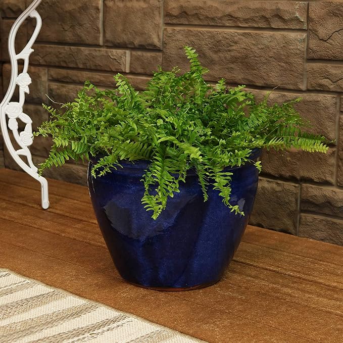 Sunnydaze Chalet Large Ceramic Plant Pot - Round Outdoor Glazed Ceramic Planter Pot with Drainage - Imperial Blue - 14.5"