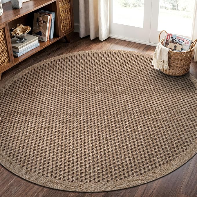CAMILSON Easy Jute Round Rug 6ft Indoor Outdoor Natural Color Fiber Area Rugs for Living Room Patio and Kitchen Rug, Sisal Boho Woven Design Easy-Cleaning Washable Outside Carpet Alfombras (6 Round)