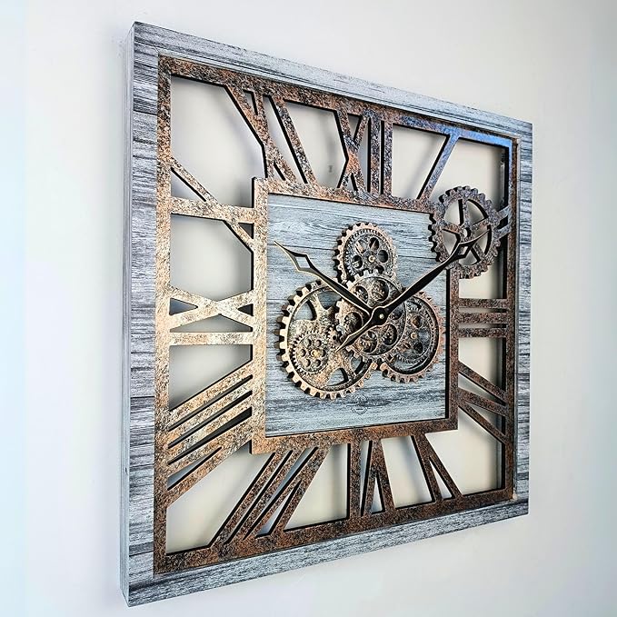 The Gears Clock 24'' Inch Square Real Moving Gear Wall Clock Vintage Industrial Oversized Rustic Farmhouse (Silver Grey)