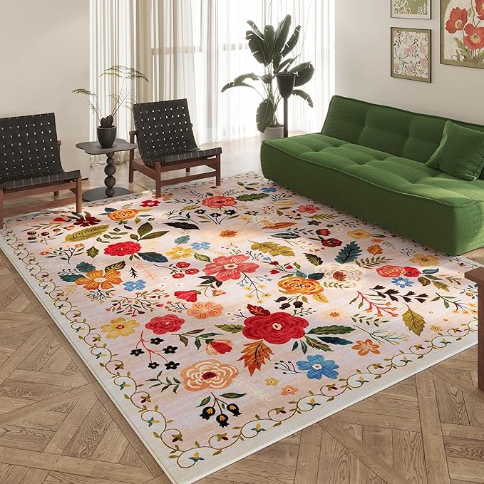 Living Room Rug 6x9 Rug Machine Washable Boho Area Rug Non Slip Floral Vintage Low Pile Large Rug for Living Room, Bedroom, Farmhouse, Dining Room, Kids Playroom(Beige)