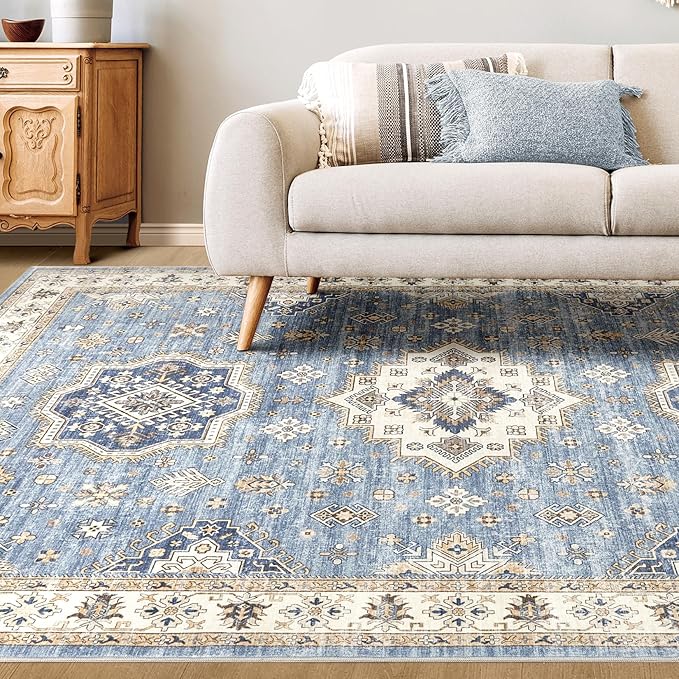 Washable Area Rugs for Living Room -10x12 Neutral Vintage Distressed Floral Farmhouse Boho Large Soft Floor Rug Indoor Non Slip Carpet for Living Room Bedroom Dining Room Office - Blue