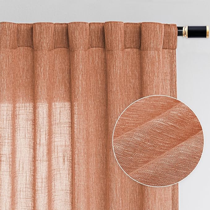 MYSKY HOME Orange Curtains for Bedroom, Short Curtains for Small Window, Boho Semi Sheer 2 Panel Set, Linen Style Texture for Closet/Kitchen, 50"x63", Burnt Orange