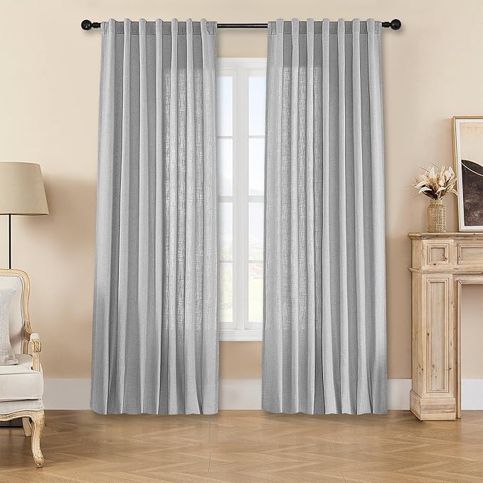 Joydeco Linen Curtains for Living Room,Light Filtering Rod Pocket Back Tab Semi Sheer Drapes Window Long Curtains 96 inches Long Ebony Grey