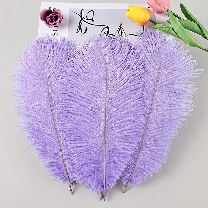 THARAHT Lavender Ostrich Feathers 24pcs Natural Bulk 8-10Inch 20cm-25cm for Crafts Wedding Party Centerpieces Flower Arrangement Easter Gatsbi and Home Decoration Feather