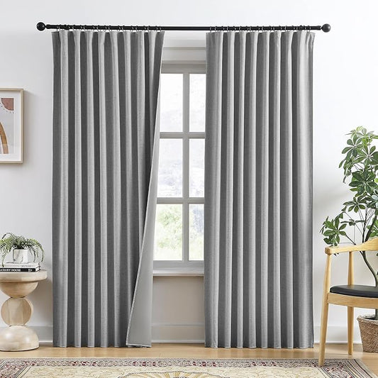 RAIN CITY Grey Linen Blackout Curtains 92 Inches Long,100% Light Blocking Textured Curtains for Bedroom Living Room Thermal Back Tab Rod Pocket Curtains 2 Panels with Hooks 50 x 92