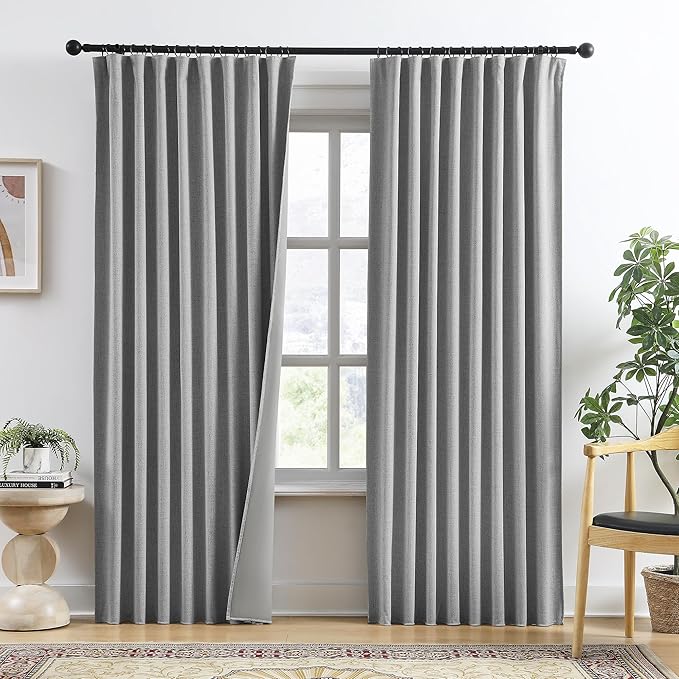 RAIN CITY 90 Inch Long Blackout Curtains 2 Panels Set,70 Inch Wide Back Tab Pleated Curtains with Hooks Track System,Energy Efficinet Linen Blend Drapes for Dining Room Hoom Office 70x90,Grey